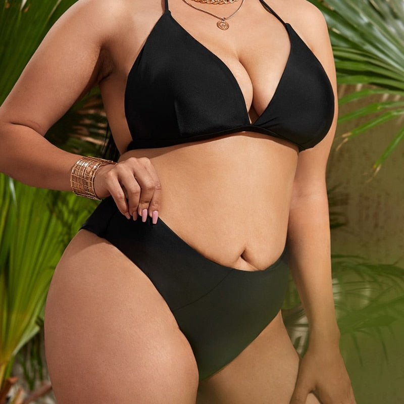 Plus Size Back Tie High Waist Bikini Set For Women Black Large Size Two Pieces Swimsuits 2023 Bathing Suits Swimwear