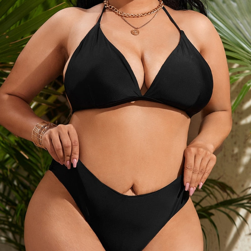 Plus Size Back Tie High Waist Bikini Set For Women Black Large Size Two Pieces Swimsuits 2023 Bathing Suits Swimwear