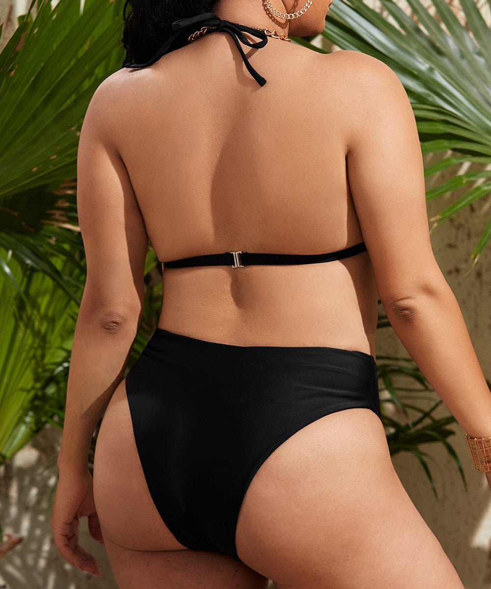 Plus Size Back Tie High Waist Bikini Set For Women Black Large Size Two Pieces Swimsuits 2023 Bathing Suits Swimwear
