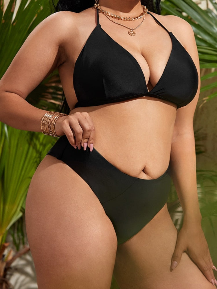 Plus Size Back Tie High Waist Bikini Set For Women Black Large Size Two Pieces Swimsuits 2023 Bathing Suits Swimwear