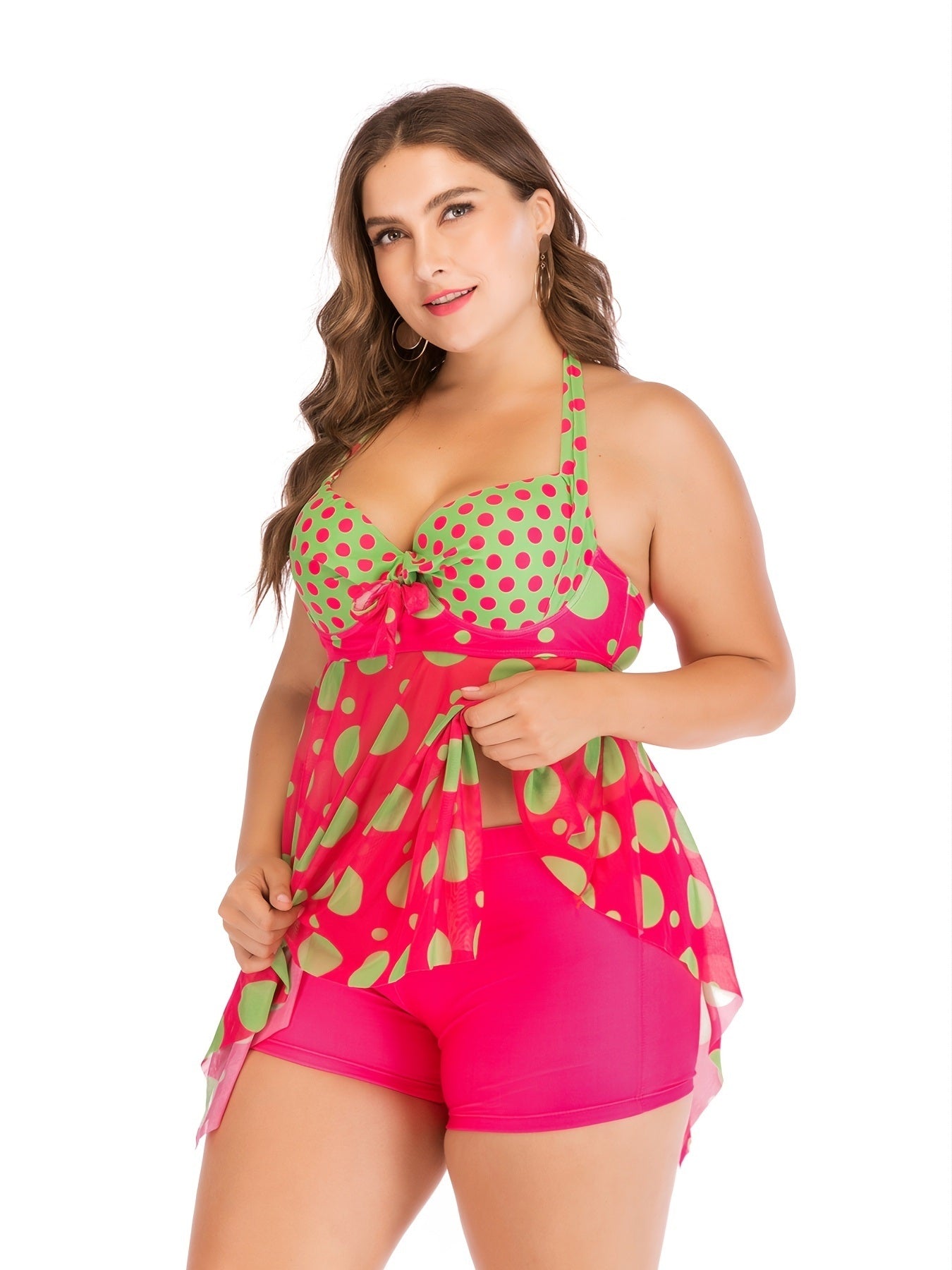 2pcs Set Plus Size Dot Print Contrast Mesh Top & Shorts Swimsuit Set