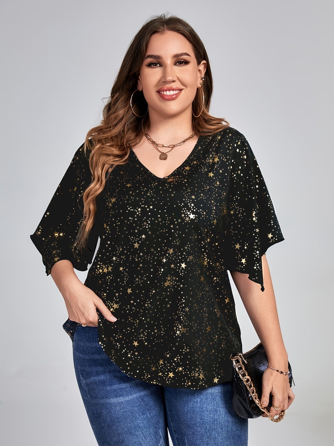 Plus Size Galaxy Print Short Sleeve V Neck Tops; Women's Plus Loose Fit Elegant Tops