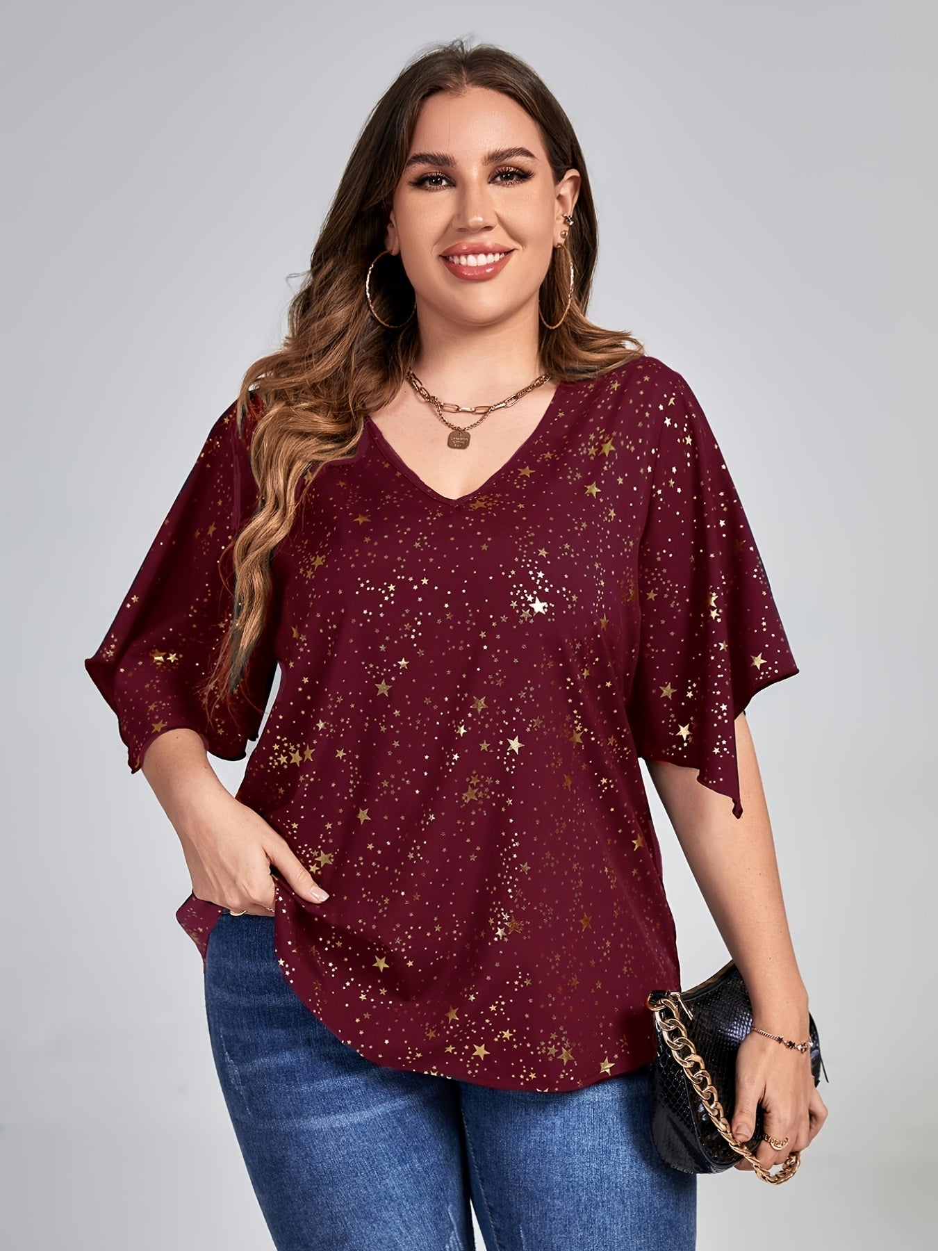Plus Size Galaxy Print Short Sleeve V Neck Tops; Women's Plus Loose Fit Elegant Tops