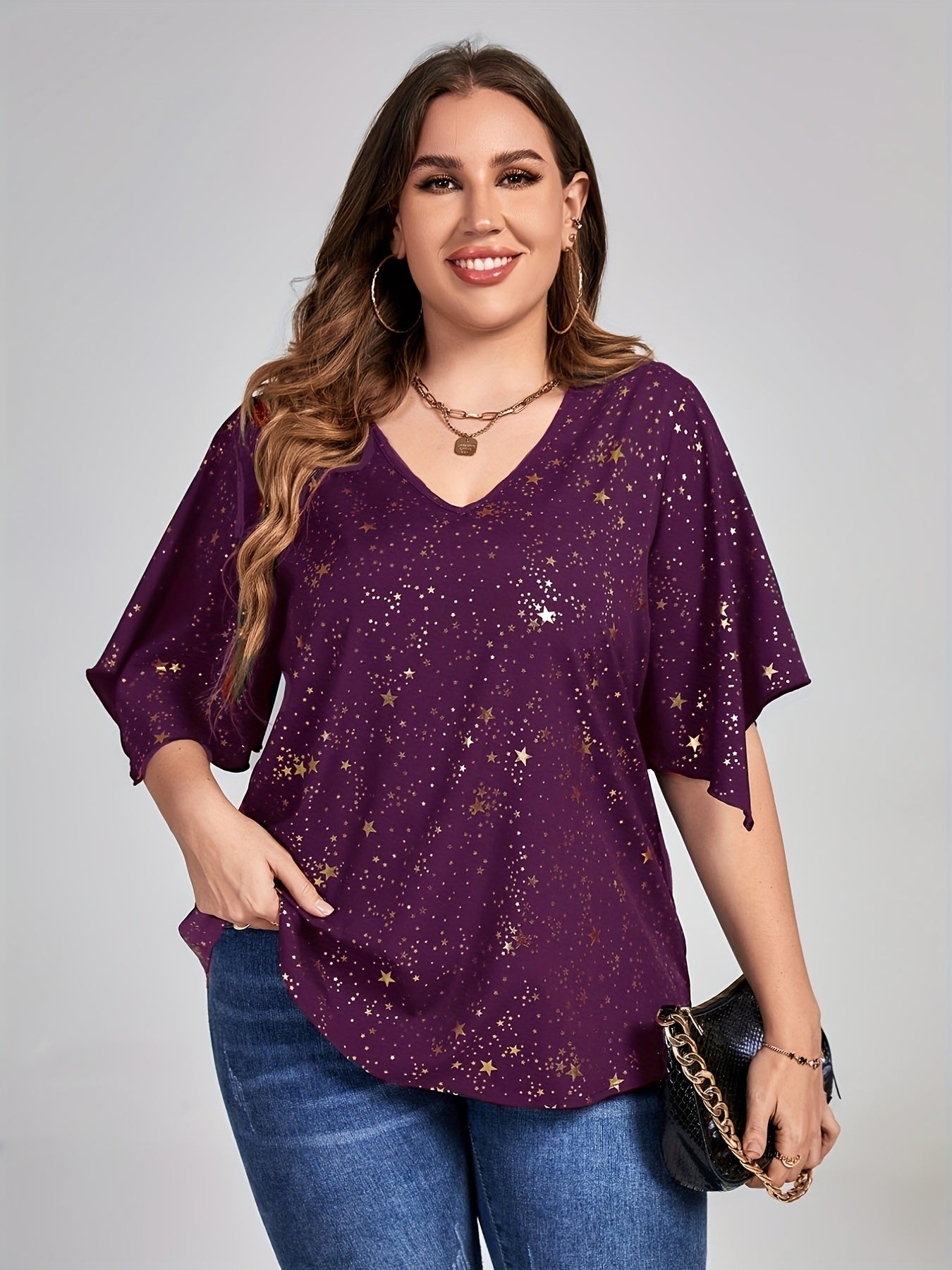 Plus Size Galaxy Print Short Sleeve V Neck Tops; Women's Plus Loose Fit Elegant Tops