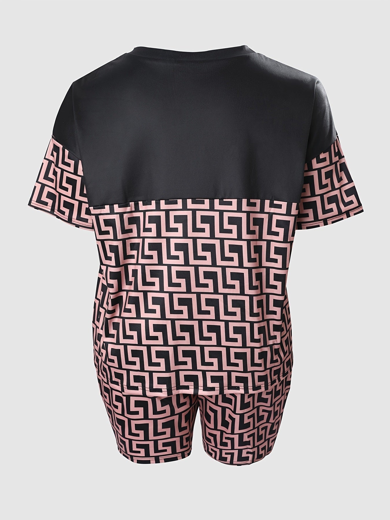 Geometric Print Colorblock Short Sleeve Tops & Shorts Set