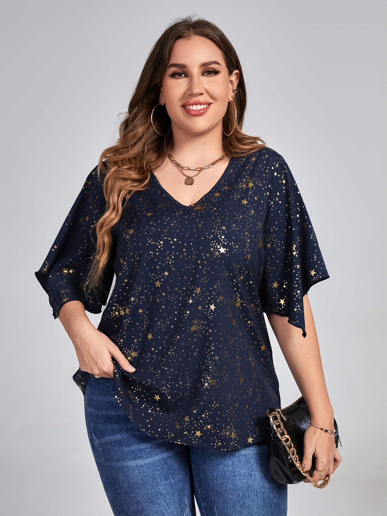 Plus Size Galaxy Print Short Sleeve V Neck Tops; Women's Plus Loose Fit Elegant Tops