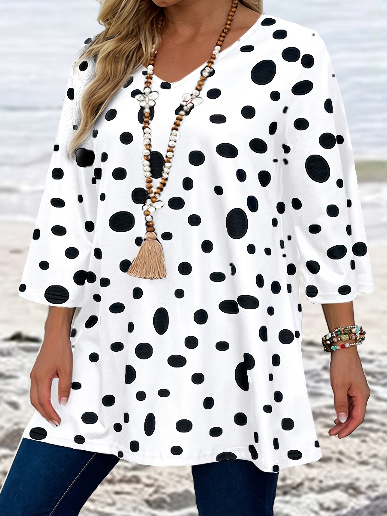 Women's Plus Polka Dot Print Half Sleeve V Neck Top