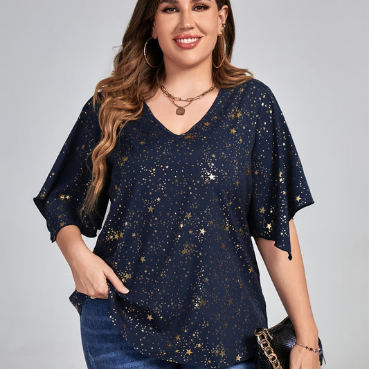 Plus Size Galaxy Print Short Sleeve V Neck Tops; Women's Plus Loose Fit Elegant Tops