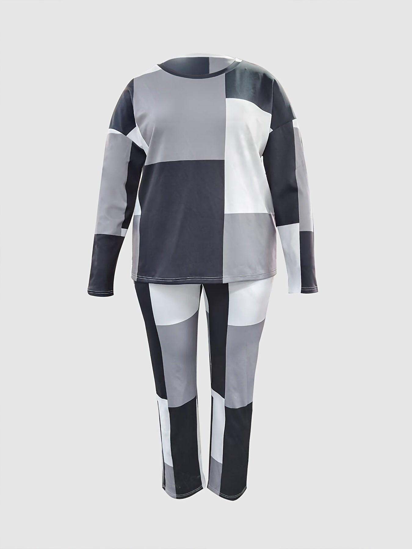 Plus Size Color block Long Sleeve Tops & Pants Set