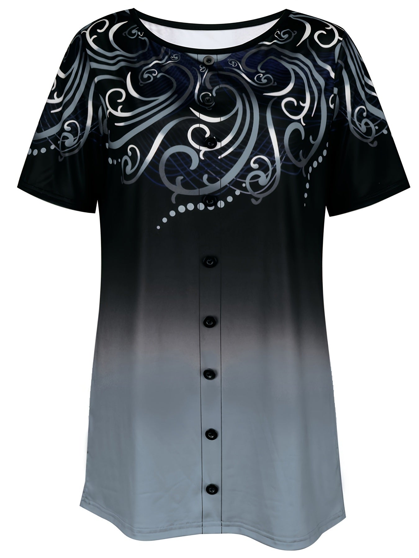 Plus Size Ombre Graphic Print Button Decor Short Sleeve T-shirt; Women's Plus Slight Stretch Casual Top