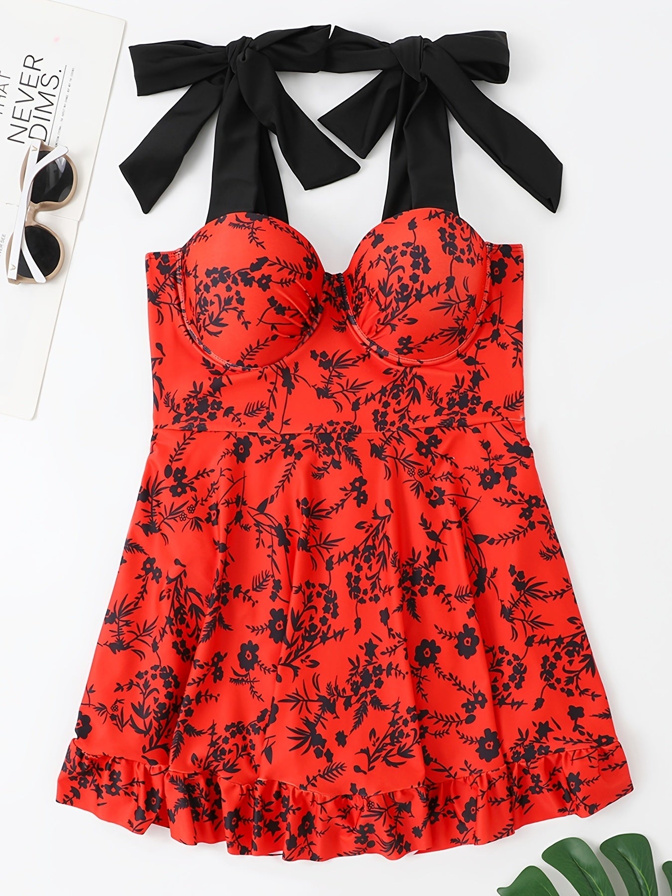 Plus Size Floral Print Knot Strap One Piece Fashion Swimsuit