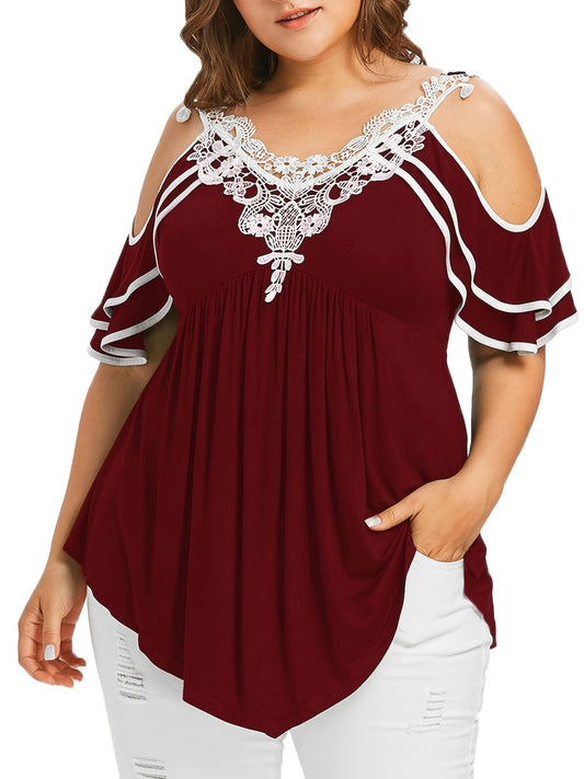 Plus Size Contrast Lace Cold Shoulder T-shirt
