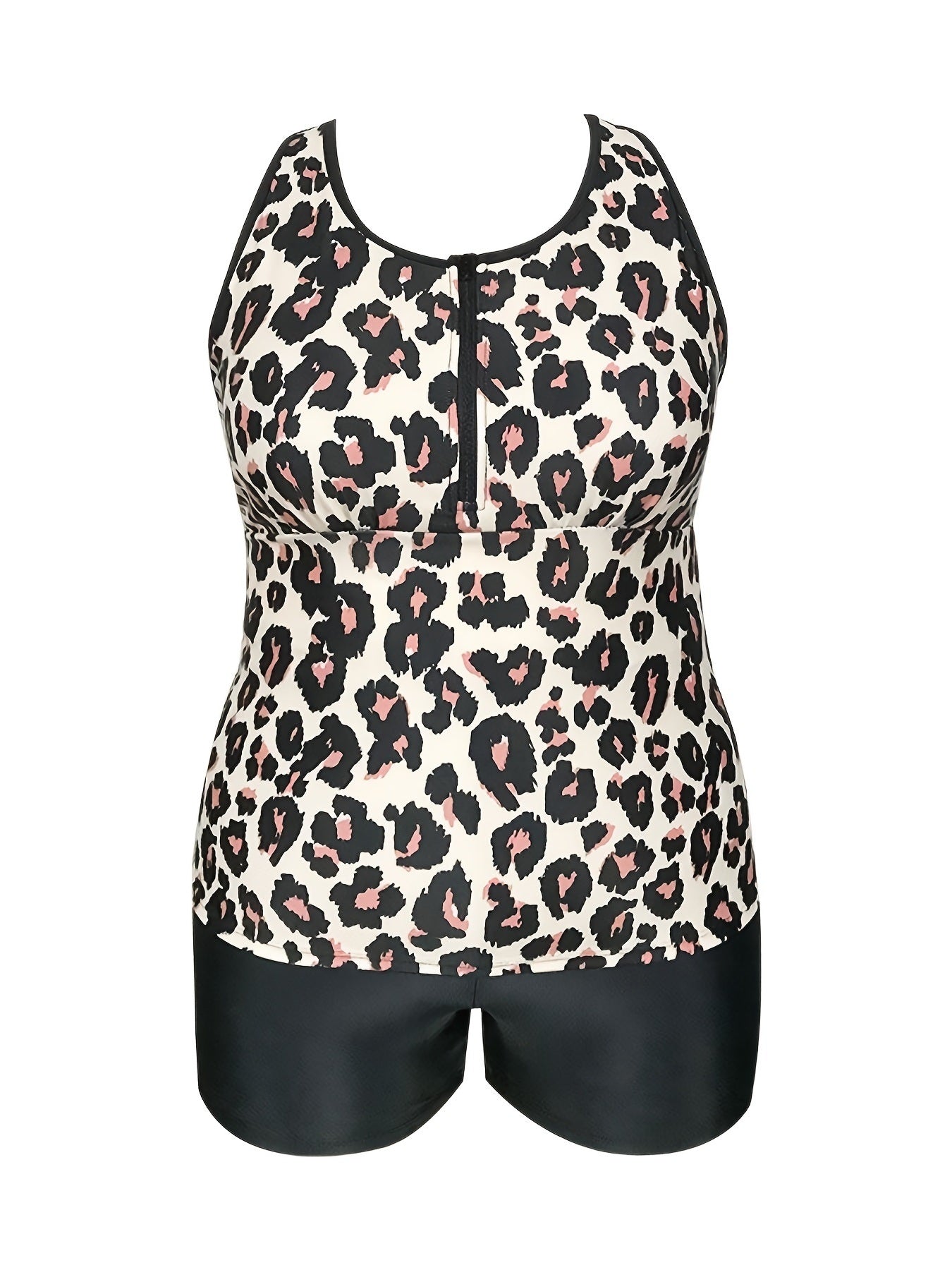 Plus Size Leopard Print Zipper Tank Top & Shorts Swimsuit Set