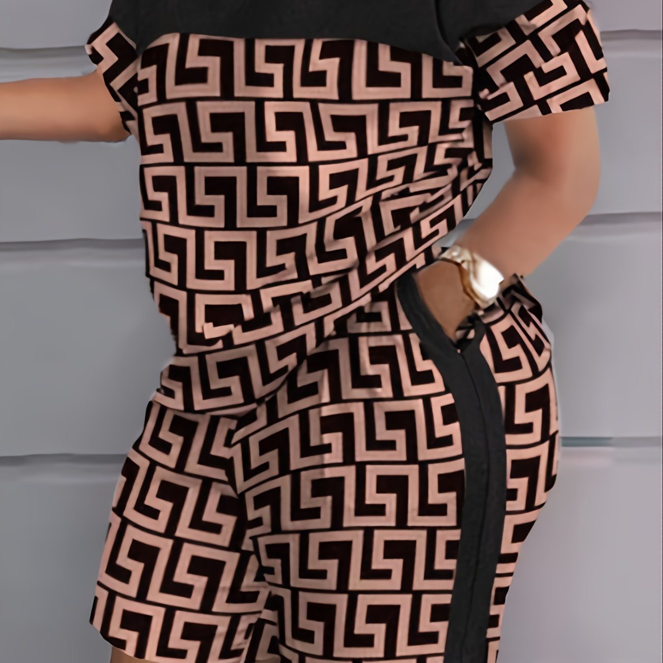 Geometric Print Colorblock Short Sleeve Tops & Shorts Set