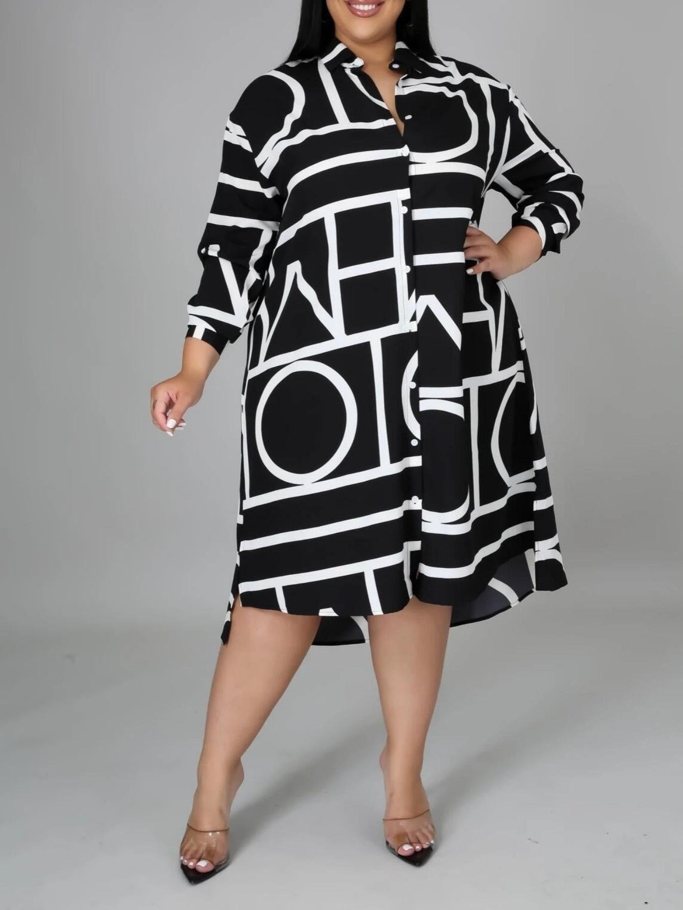 Geometric-pattern Lapel Long Sleeve Irregular Hem Shirt Dress