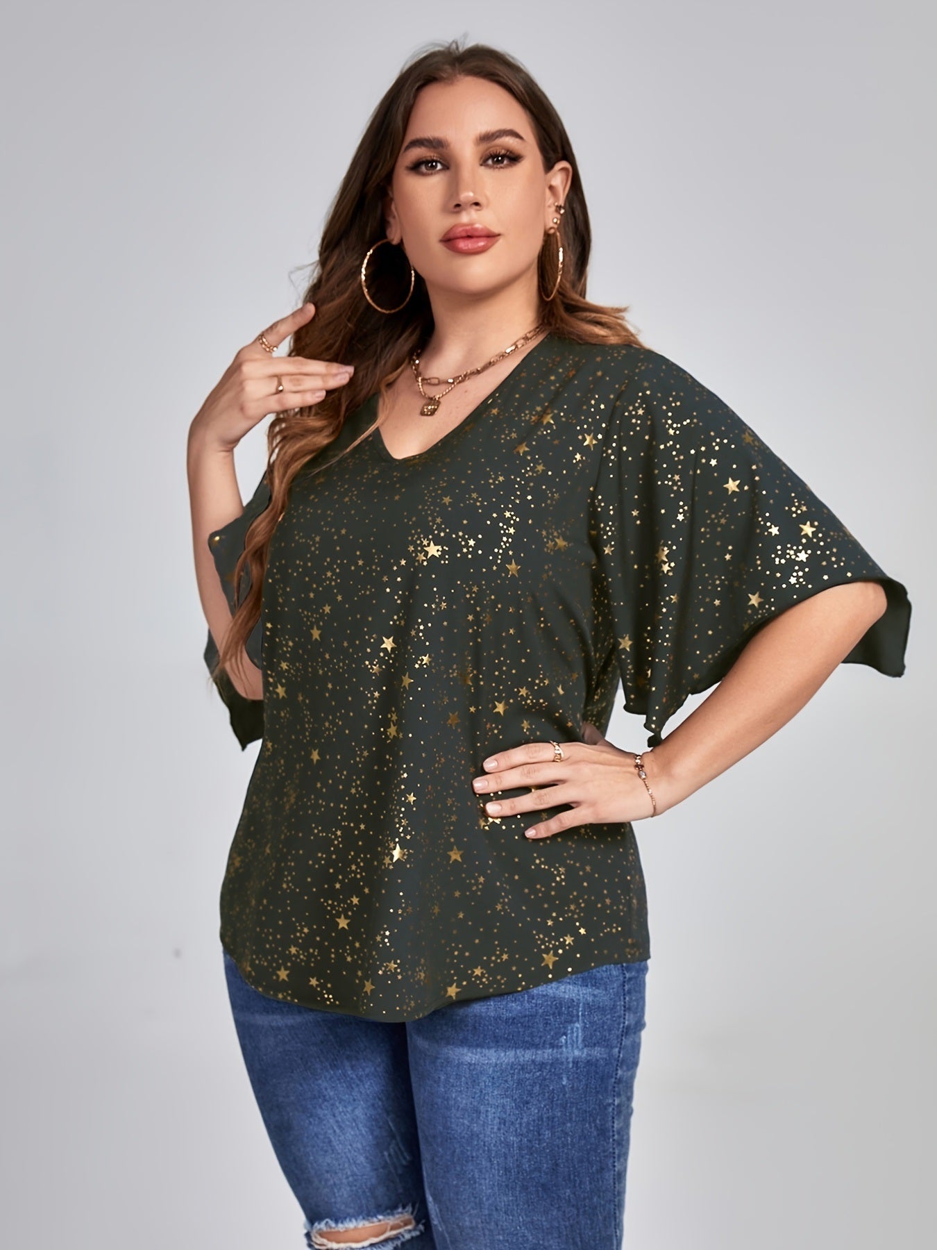 Plus Size Galaxy Print Short Sleeve V Neck Tops; Women's Plus Loose Fit Elegant Tops