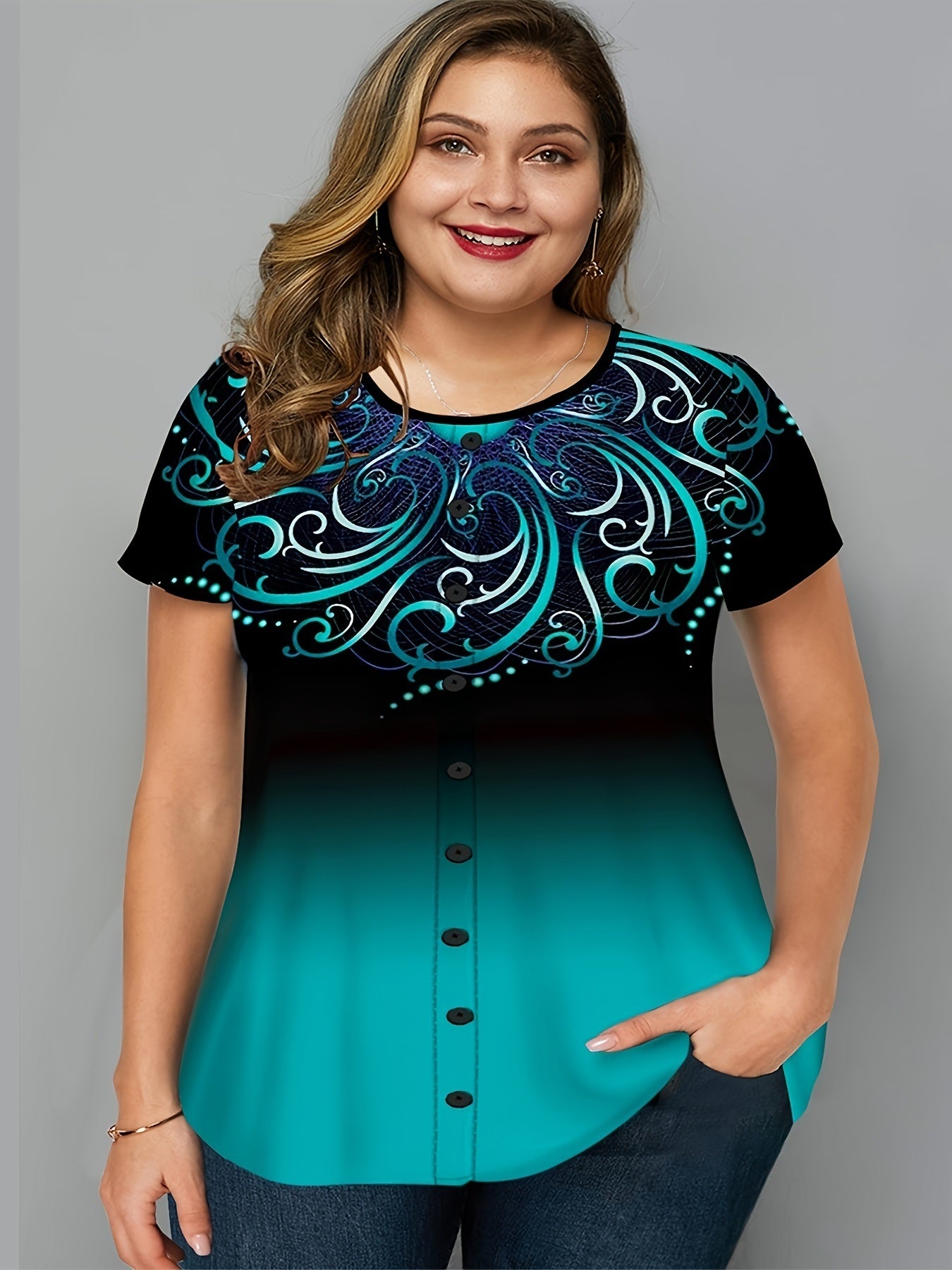 Plus Size Ombre Graphic Print Button Decor Short Sleeve T-shirt; Women's Plus Slight Stretch Casual Top