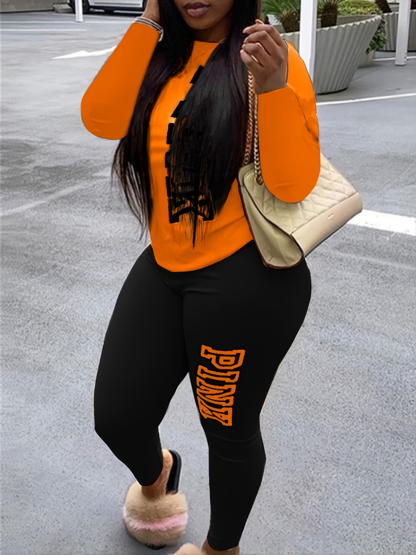 Plus Size Letter Print Long Sleeve Top & Legging Set