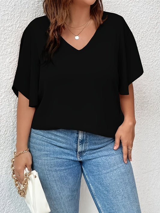 Plus Size Solid Color V Neck Bell Sleeve T-shirt