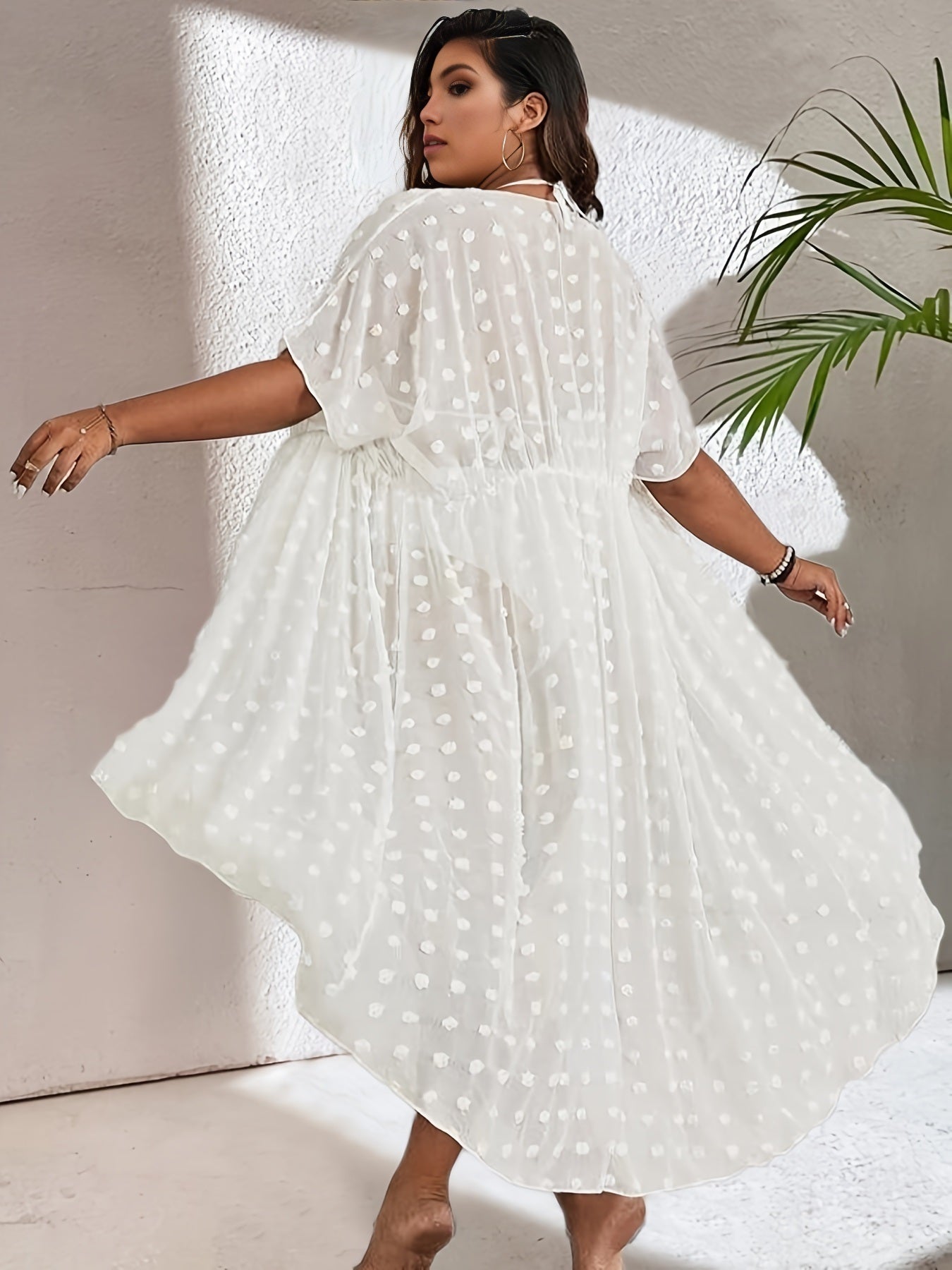 Plus Size Swiss Dot Short Sleeve Drawstring Cardigan