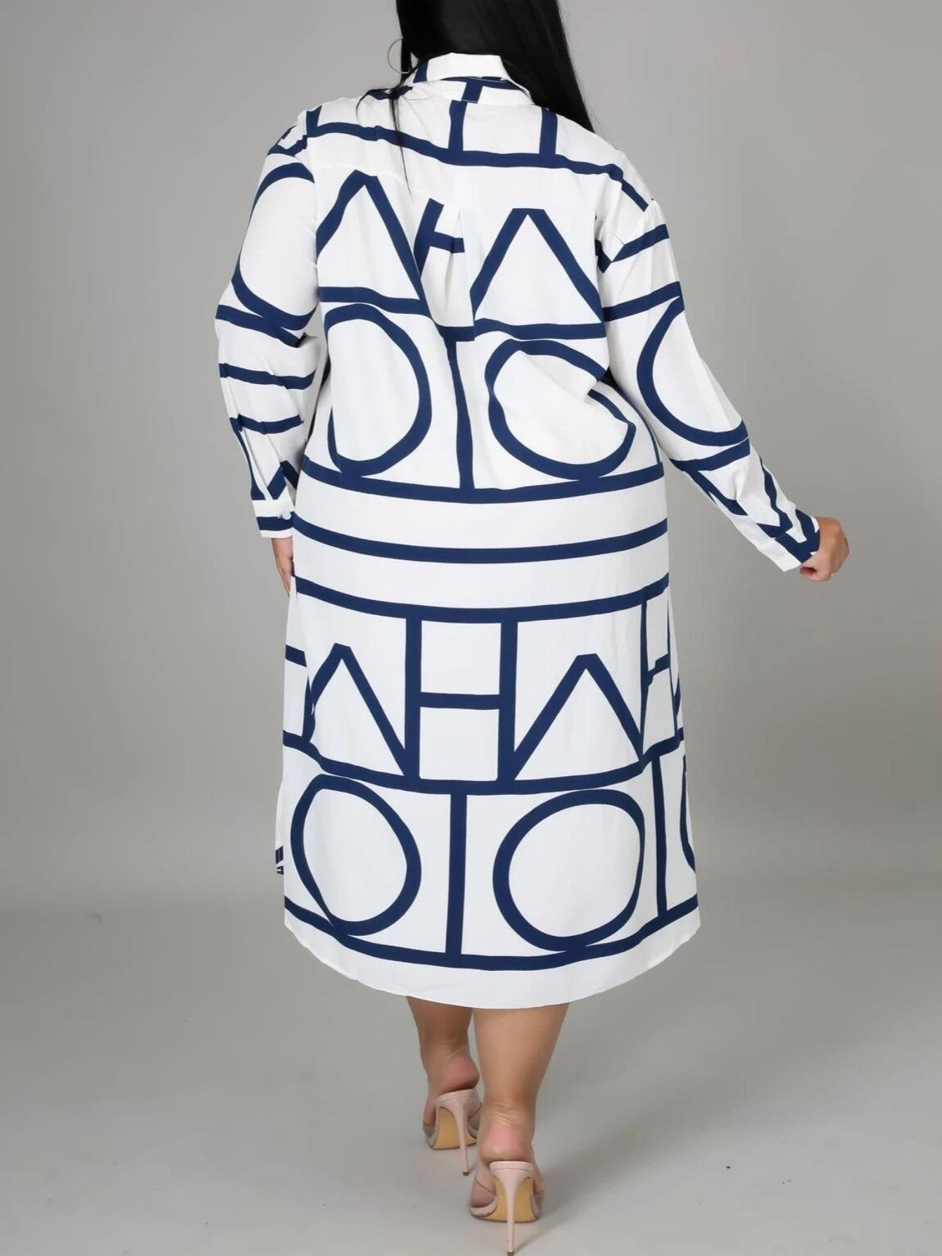 Geometric-pattern Lapel Long Sleeve Irregular Hem Shirt Dress