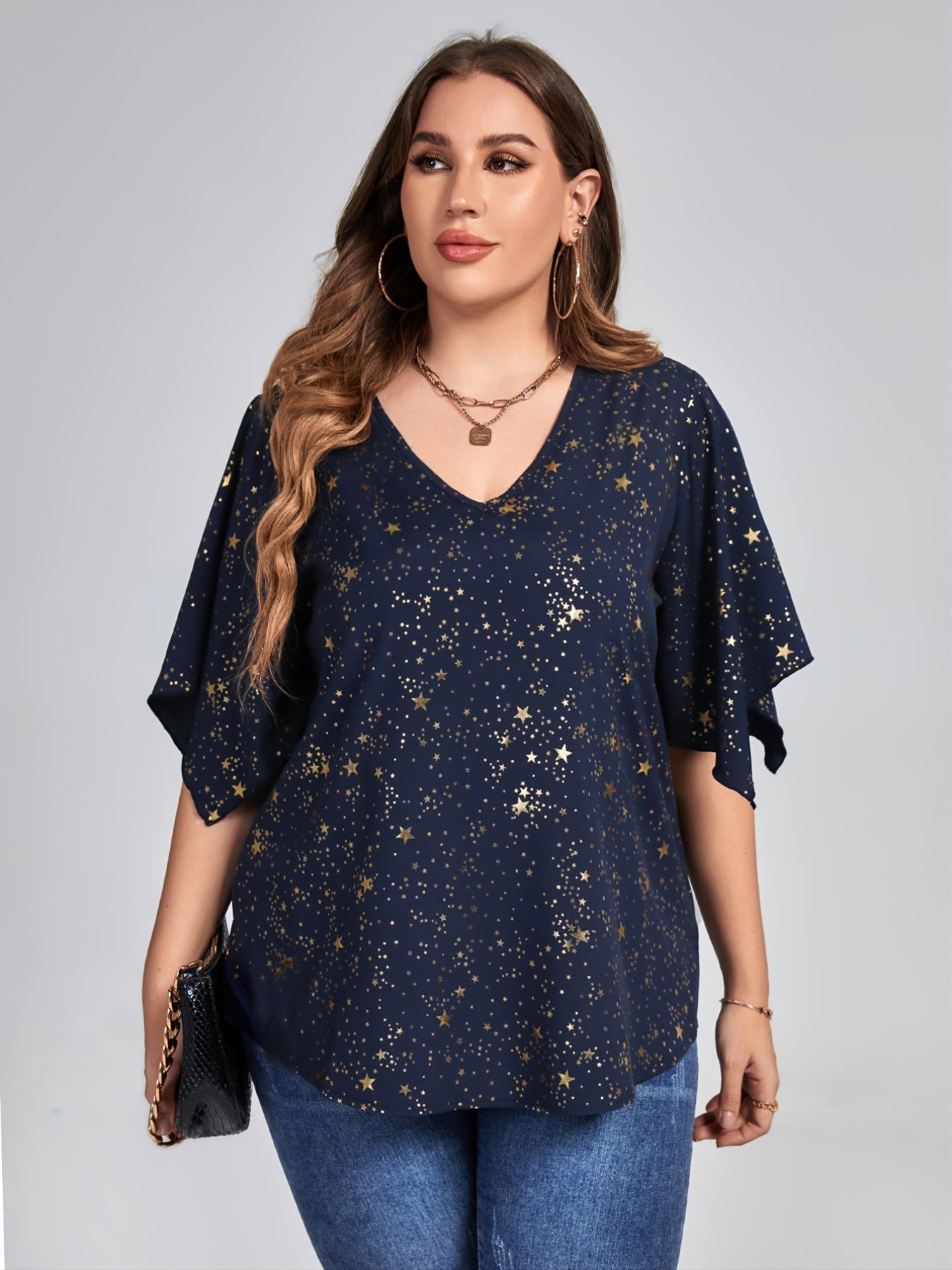 Plus Size Galaxy Print Short Sleeve V Neck Tops; Women's Plus Loose Fit Elegant Tops