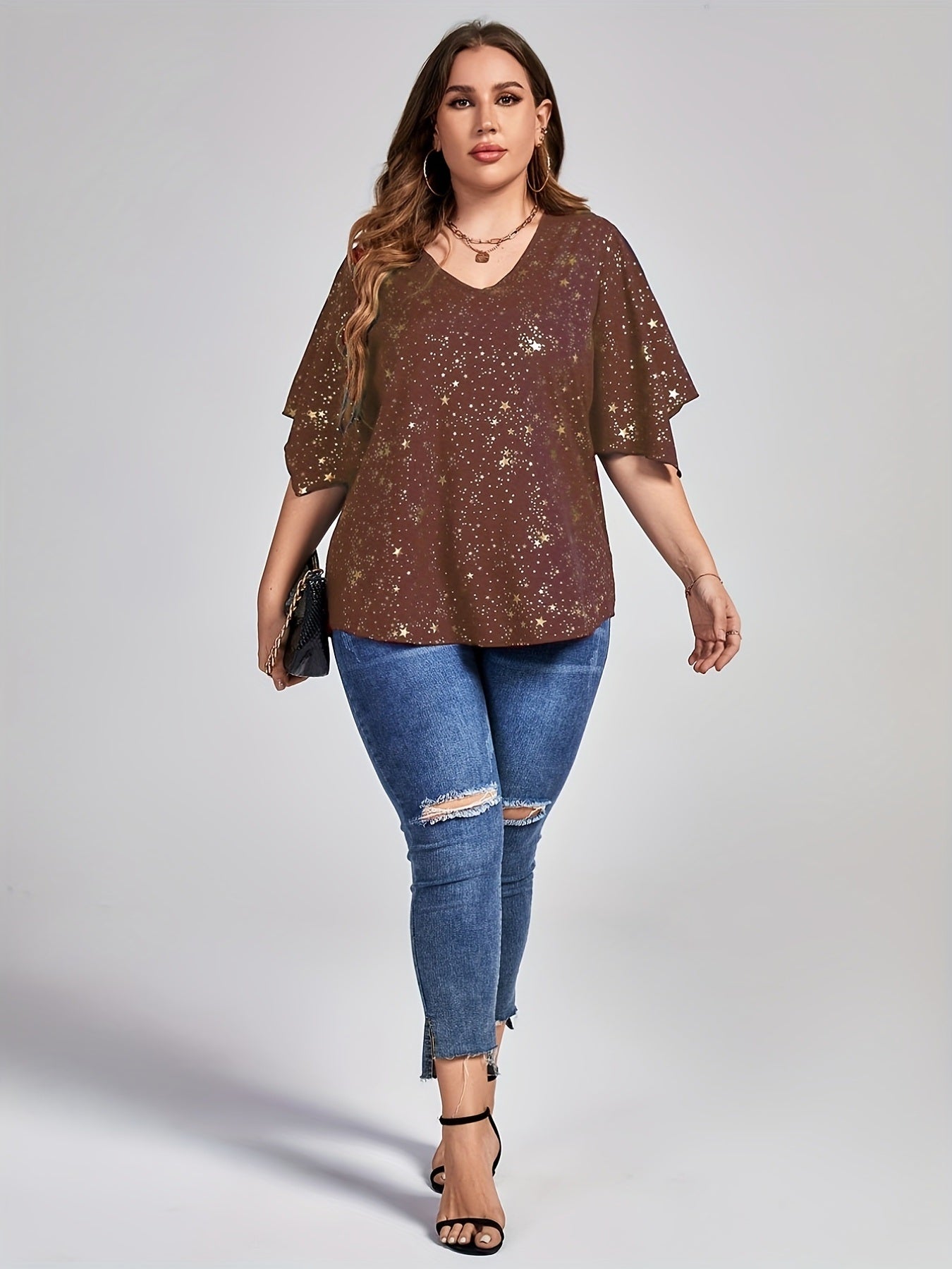 Plus Size Galaxy Print Short Sleeve V Neck Tops; Women's Plus Loose Fit Elegant Tops