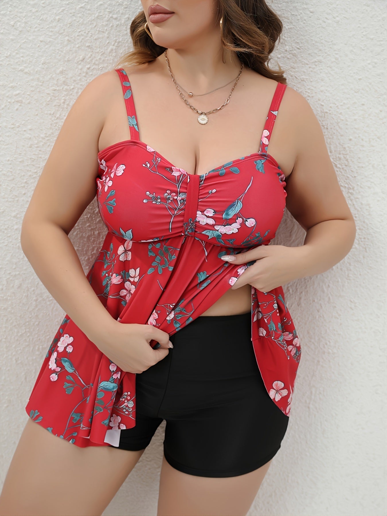 Plus Size Ruched Front Ruffle Hem Floral Print Tankini Set