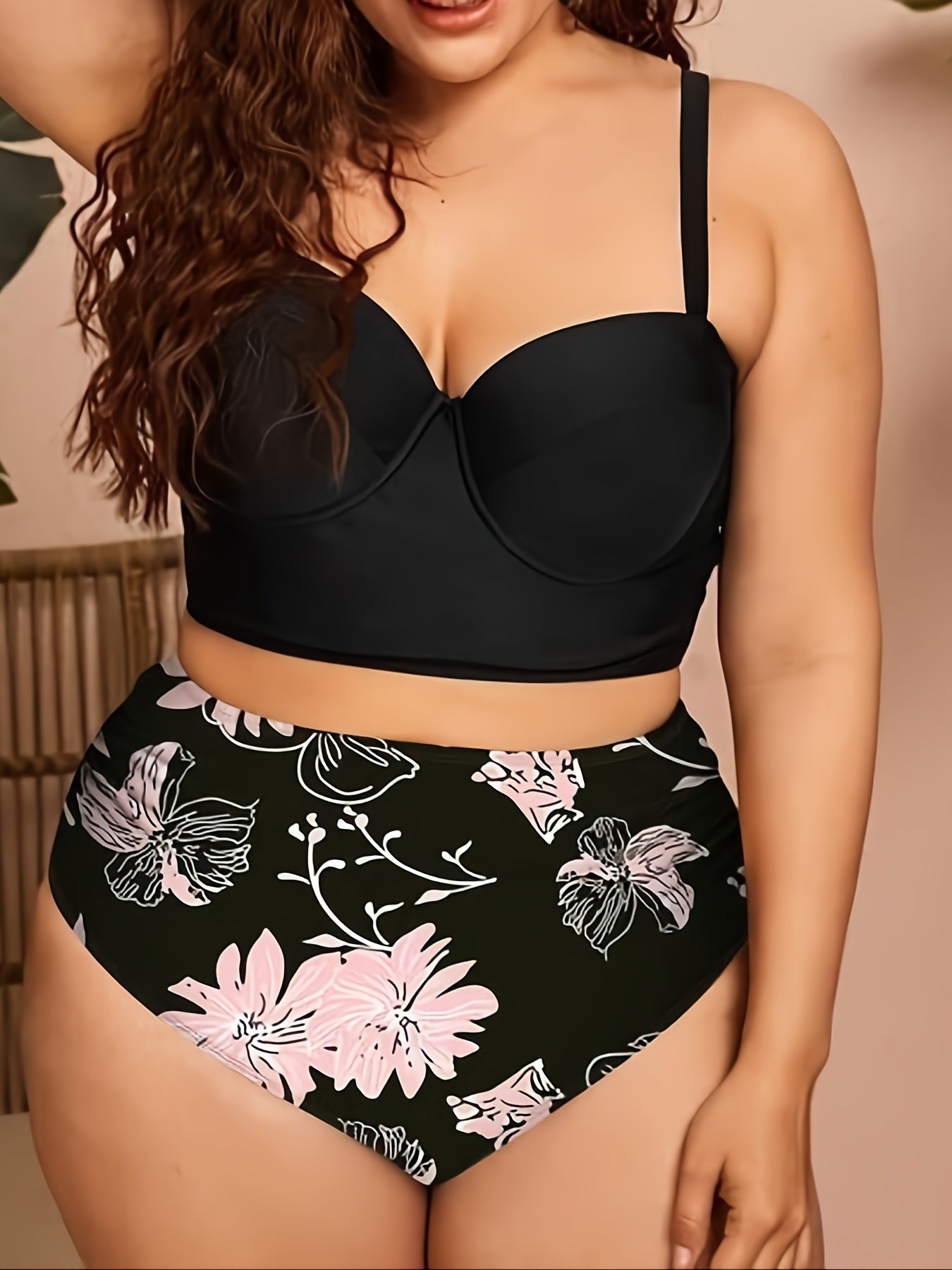 Plus Size Solid Cami Top & Sunflower Print Pants Swimsuit Set