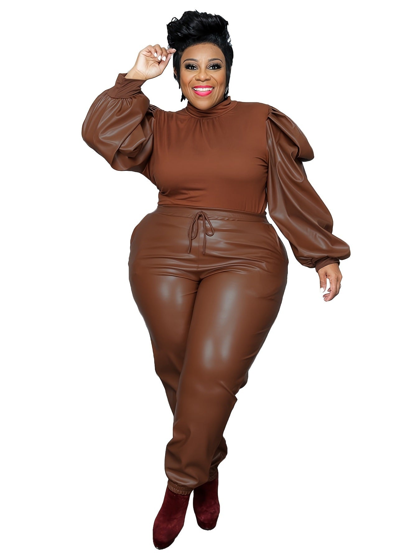 Plus Size Contrast Layer Solid Puff Sleeve Tops & Sweatpants Set