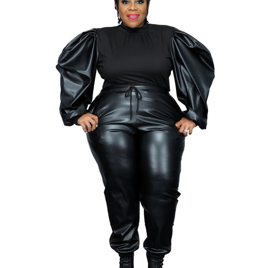 Plus Size Contrast Layer Solid Puff Sleeve Tops & Sweatpants Set