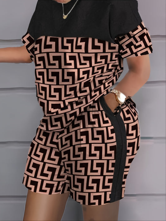 Geometric Print Colorblock Short Sleeve Tops & Shorts Set