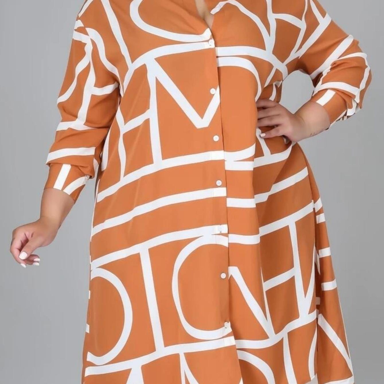 Geometric-pattern Lapel Long Sleeve Irregular Hem Shirt Dress