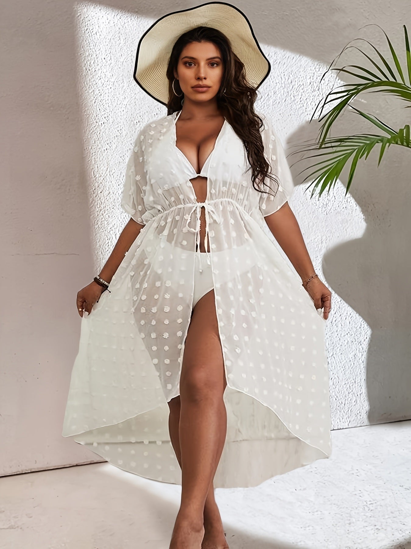 Plus Size Swiss Dot Short Sleeve Drawstring Cardigan