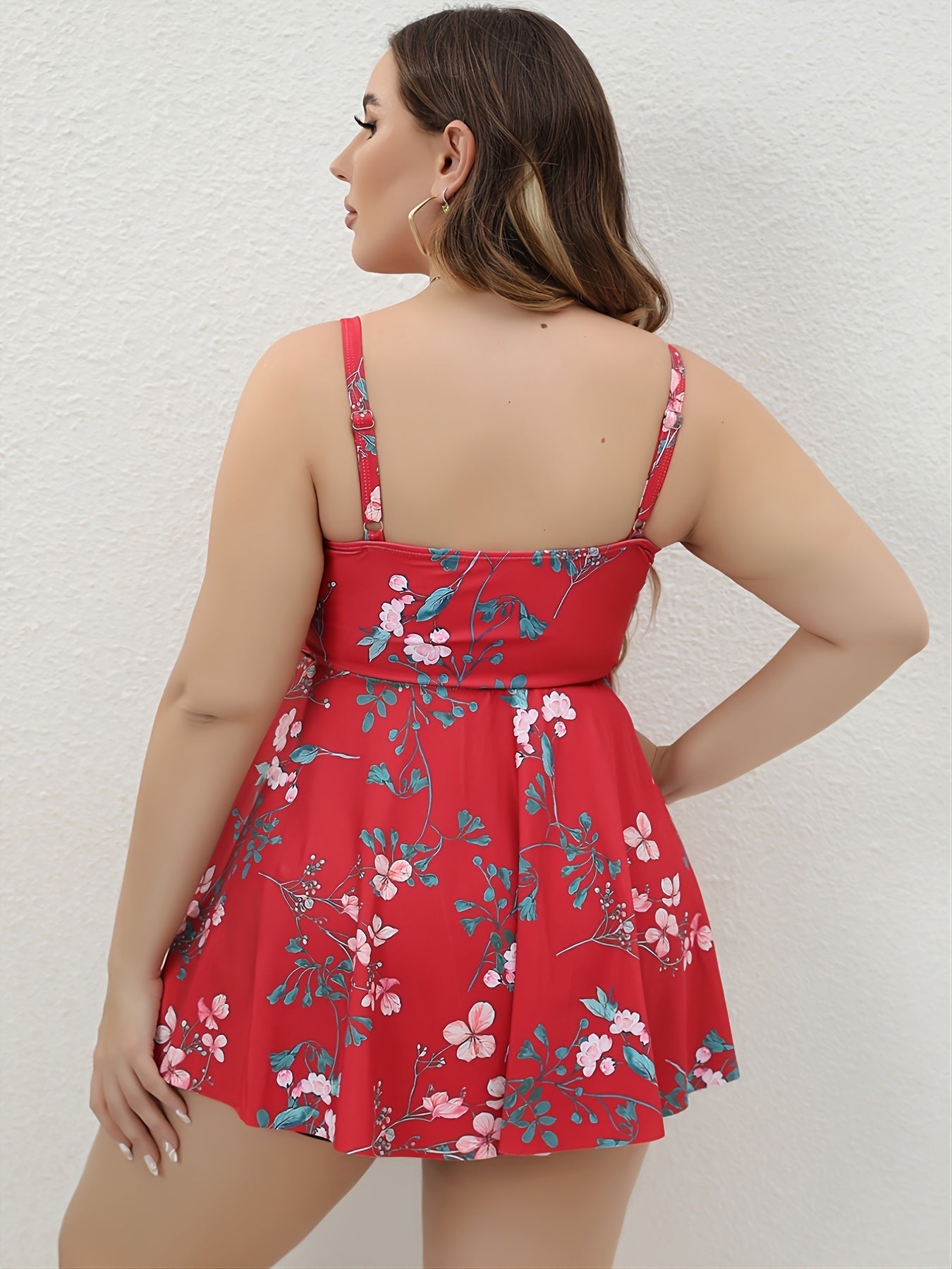 Plus Size Ruched Front Ruffle Hem Floral Print Tankini Set