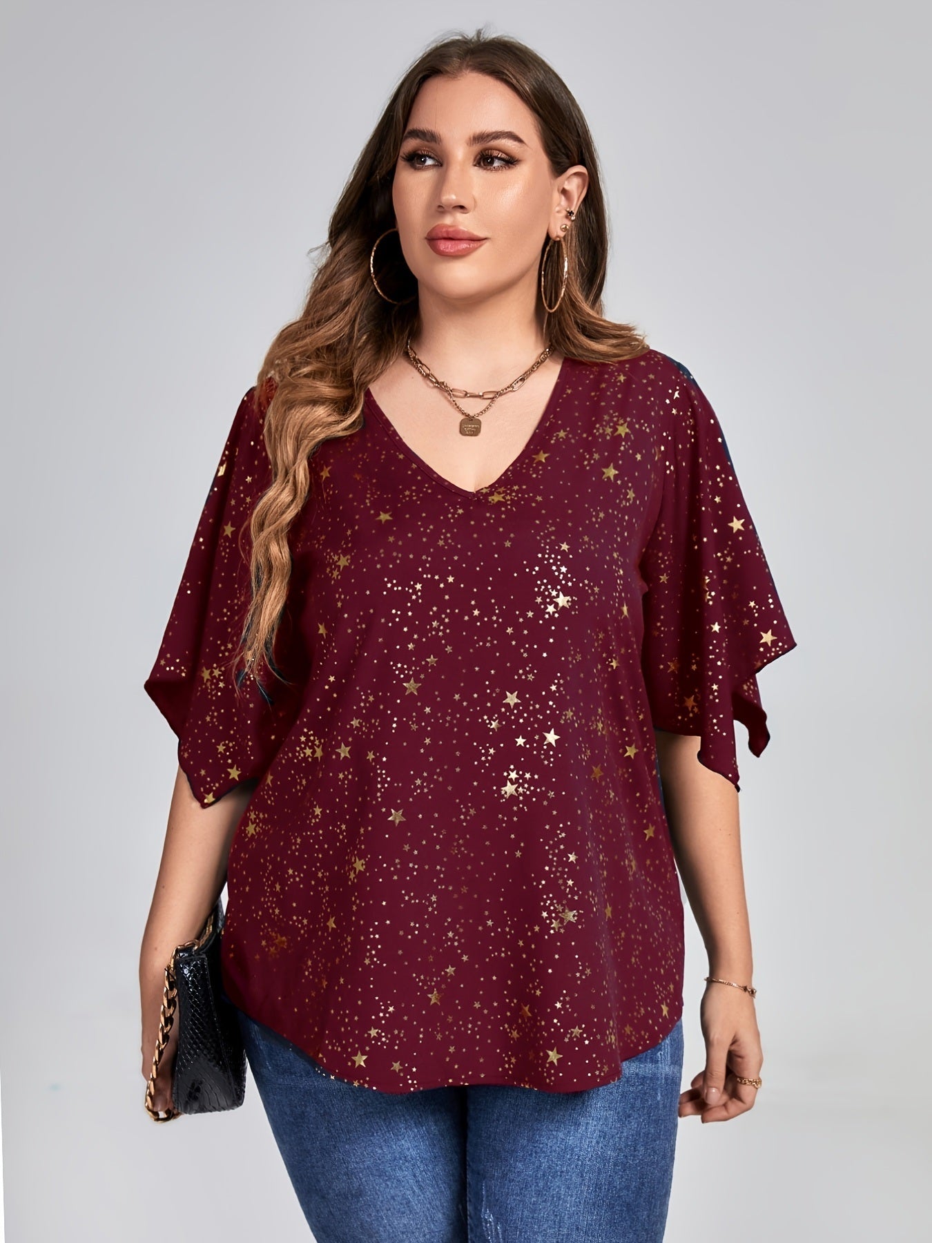 Plus Size Galaxy Print Short Sleeve V Neck Tops; Women's Plus Loose Fit Elegant Tops