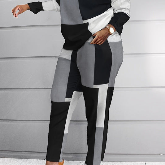 Plus Size Color block Long Sleeve Tops & Pants Set