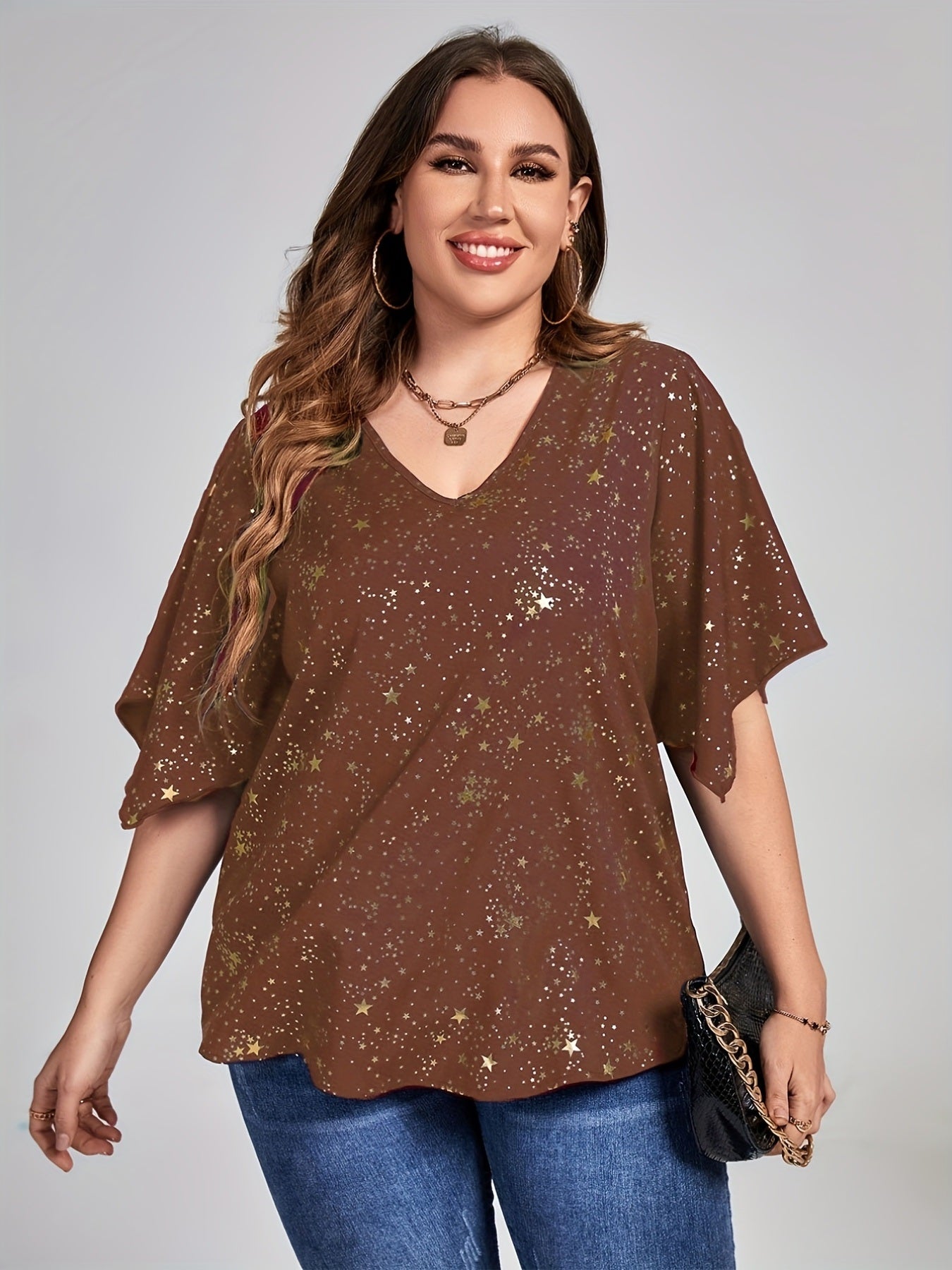 Plus Size Galaxy Print Short Sleeve V Neck Tops; Women's Plus Loose Fit Elegant Tops