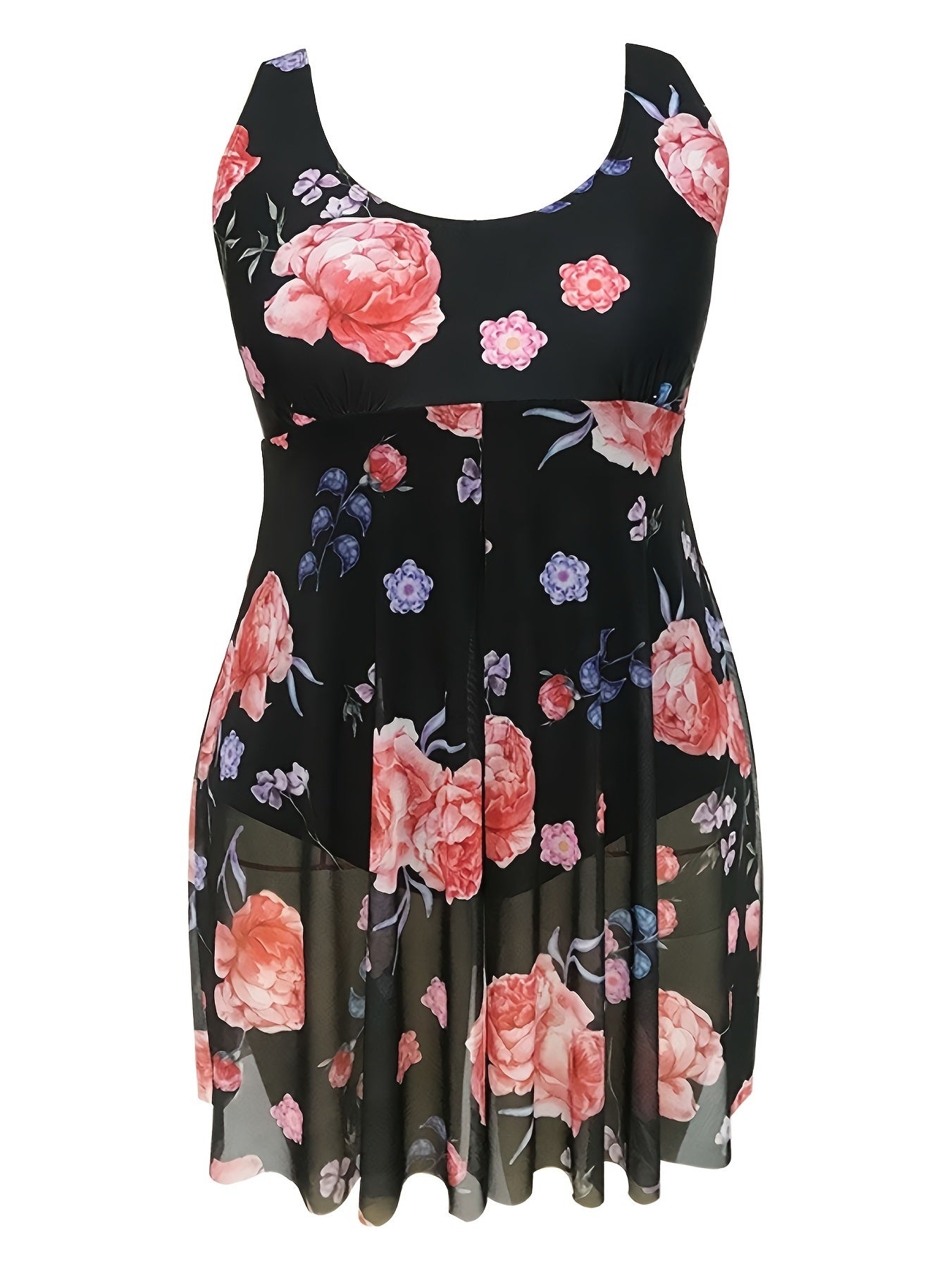 Plus Size Floral Trim Contrast Mesh Split Hem One Piece Swimsuit