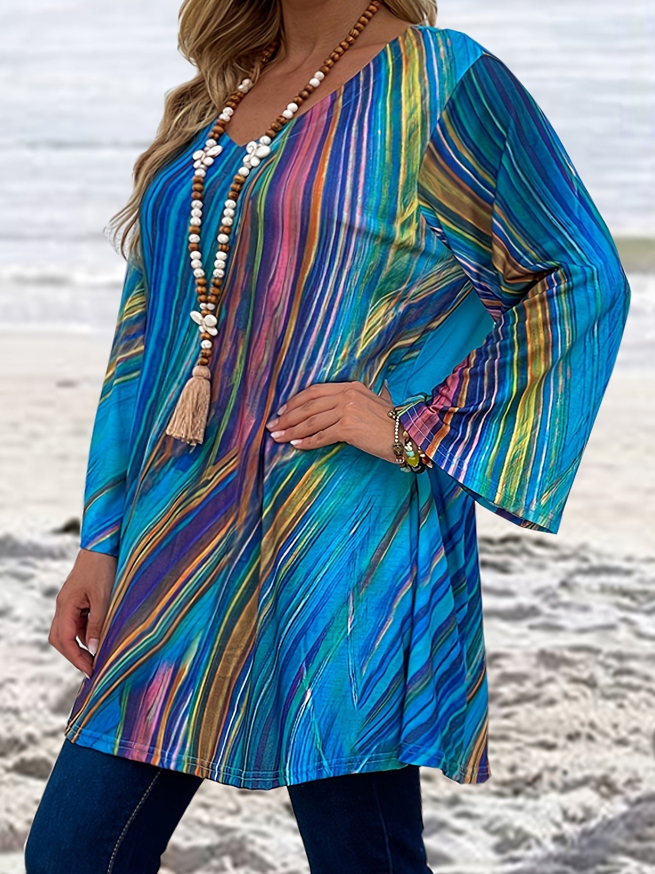 Women's Plus Fluid Print Half Sleeve V Neck Tunic Top