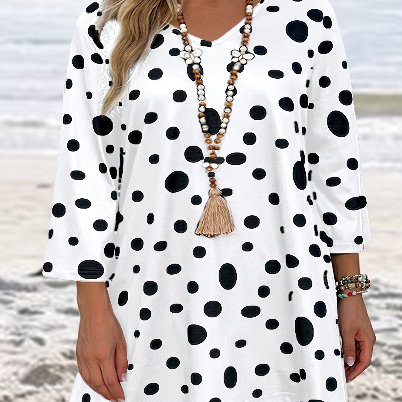 Women's Plus Polka Dot Print Half Sleeve V Neck Top