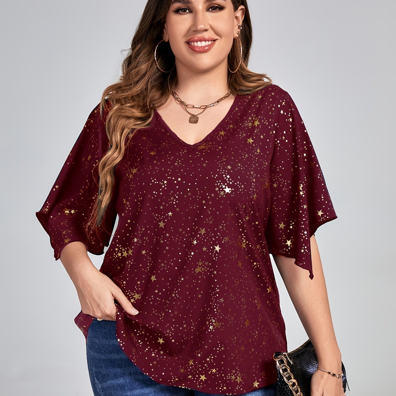 Plus Size Galaxy Print Short Sleeve V Neck Tops; Women's Plus Loose Fit Elegant Tops