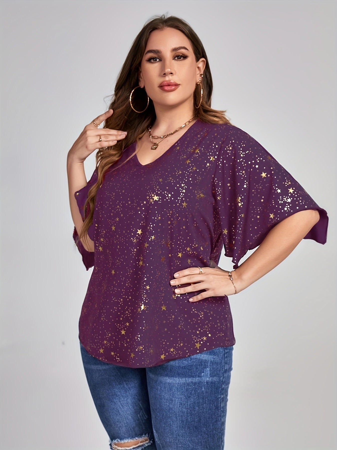 Plus Size Galaxy Print Short Sleeve V Neck Tops; Women's Plus Loose Fit Elegant Tops