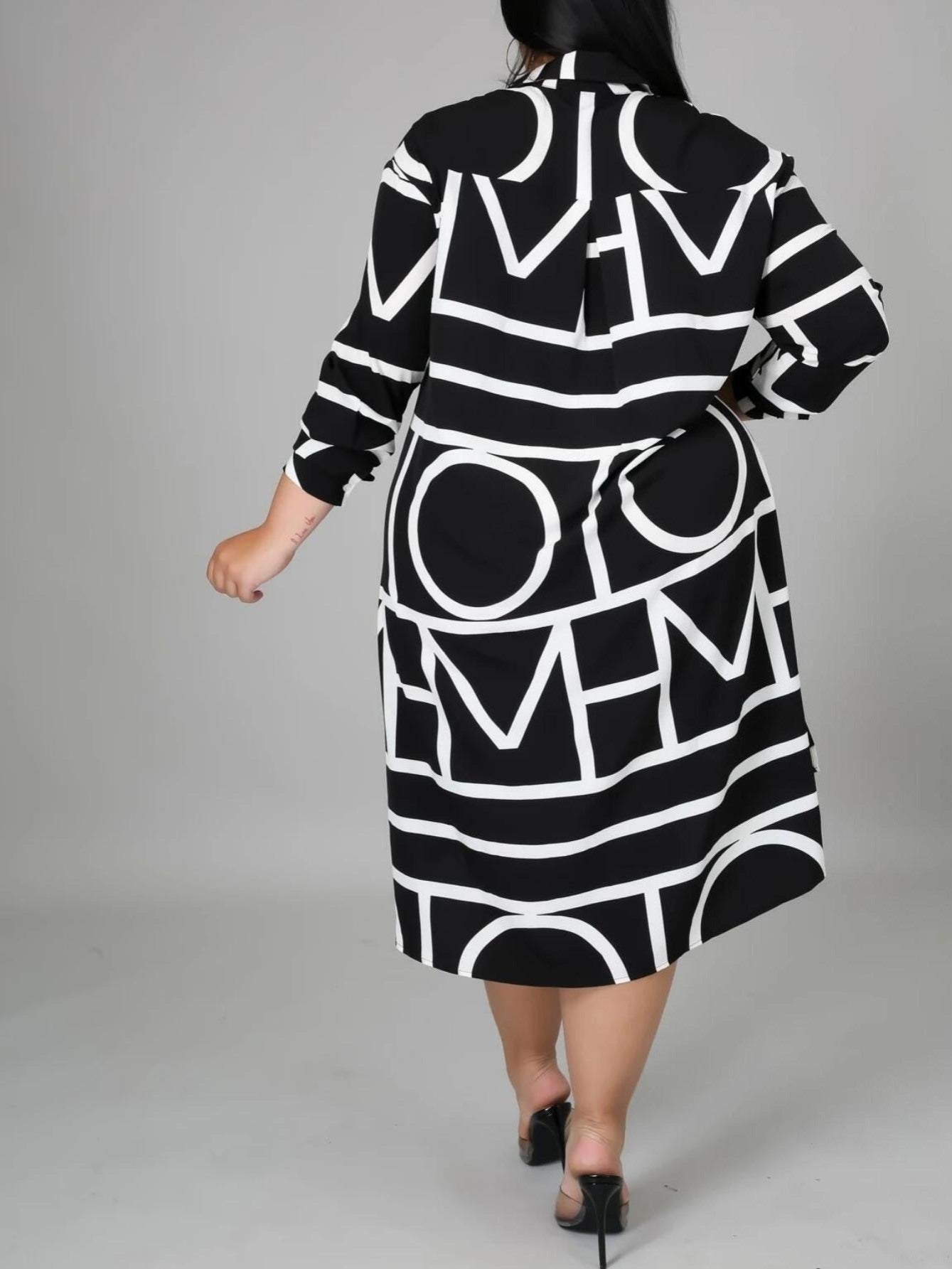 Geometric-pattern Lapel Long Sleeve Irregular Hem Shirt Dress