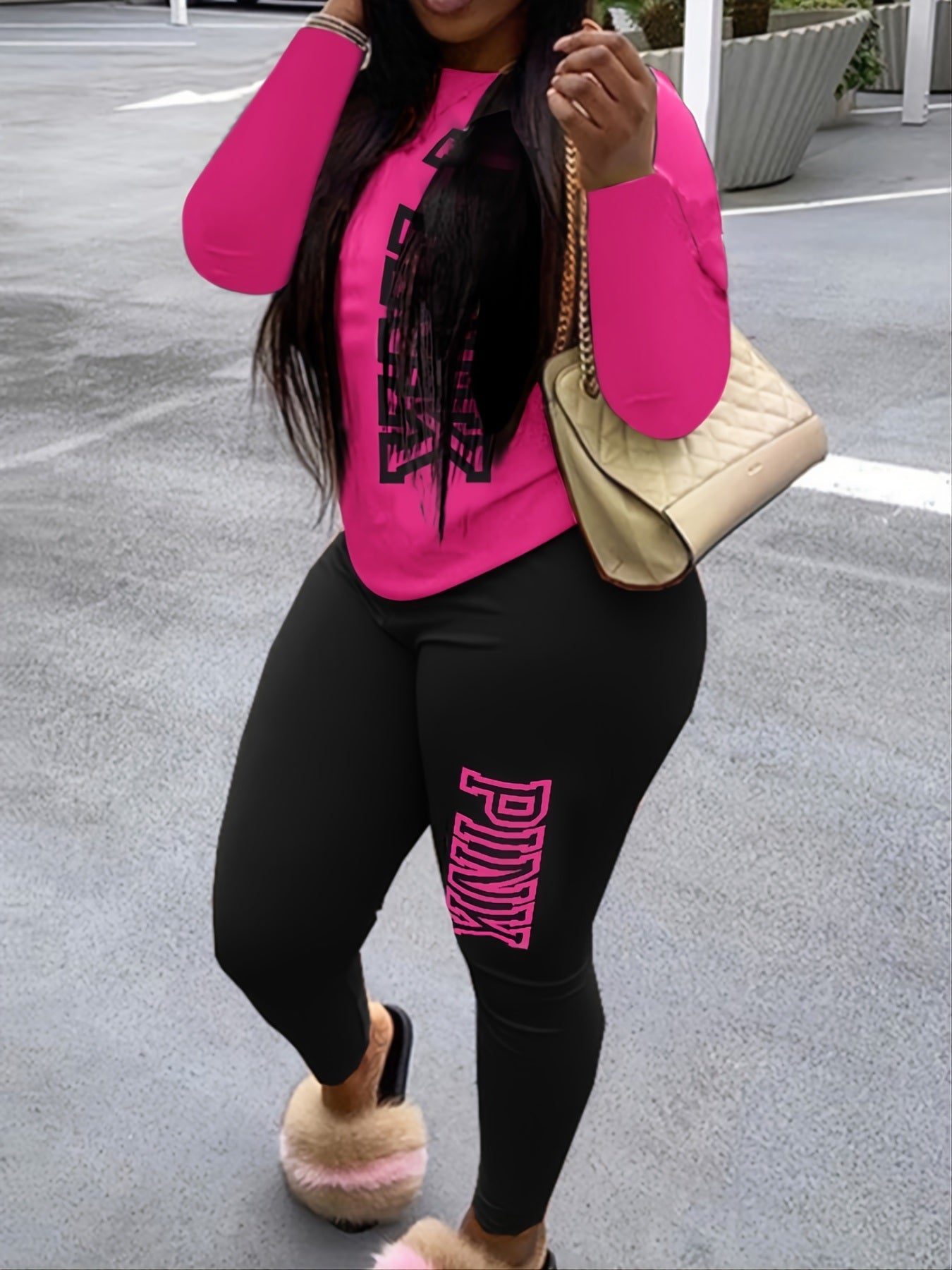 Plus Size Letter Print Long Sleeve Top & Legging Set