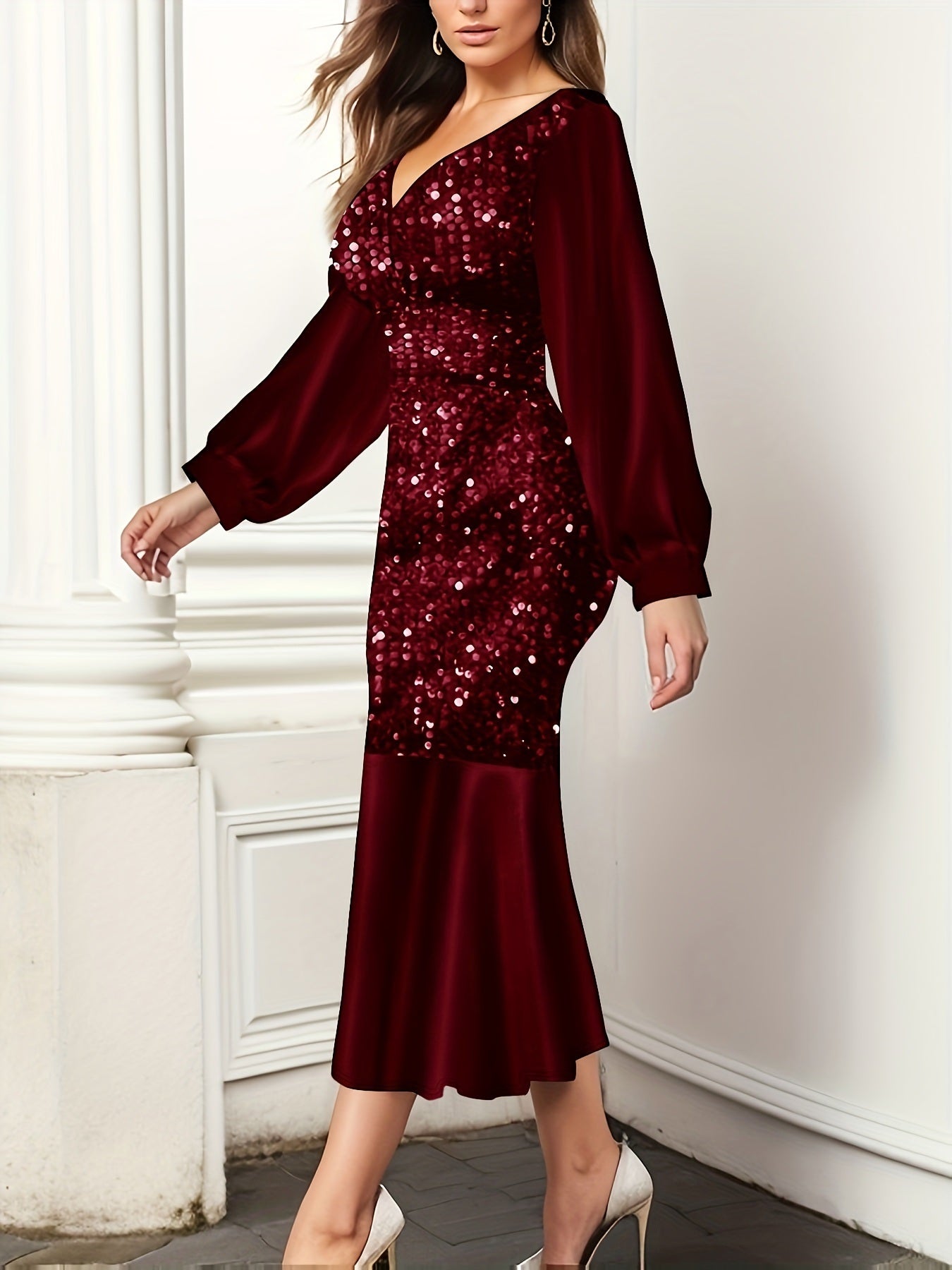 Sequined Mermaid Hem Dress, Elegant Long Sleeve V Neck Dress