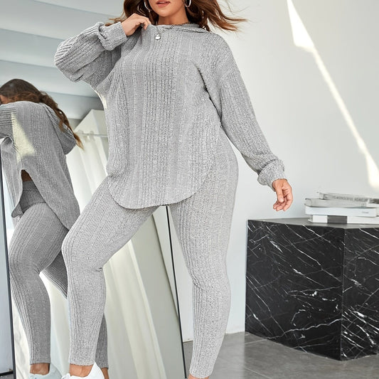 Rib Knit Solid Long Sleeve Hoodie Tops & Leggings Set