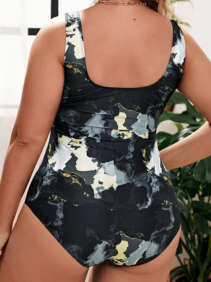 Plus Size Tie Dye Zipper Square Neck One Piece Swimsuit