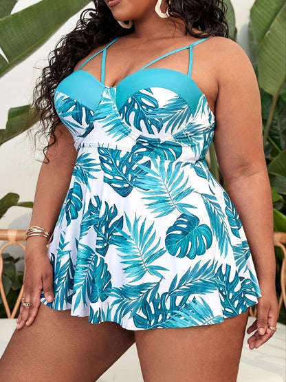 Plus Size Tropical Print Cut Out Top & Panties Swimsuit Set