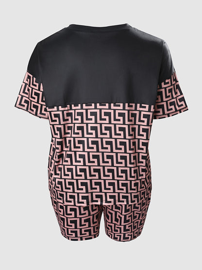 Geometric Print Colorblock Short Sleeve Tops & Shorts Set